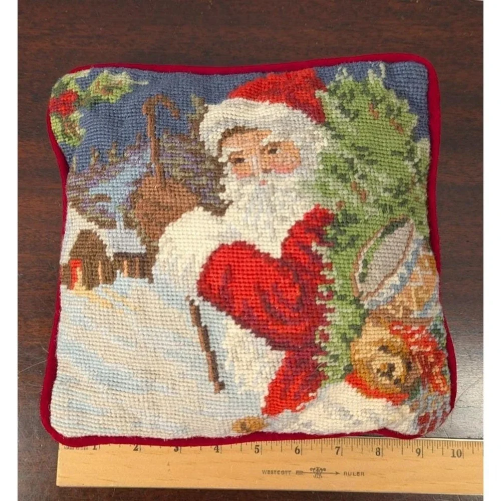 Vintage Wool Needlepoint Santa Christmas Pillow 10x10 Velvet Back Holiday Decor